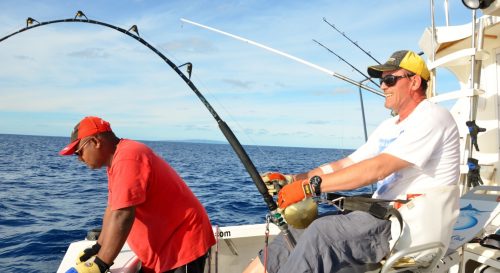 Philippe travaillant un marlin bleu de 315kg - Rod Fishing Club - Ile Rodrigues - Maurice - Océan Indien