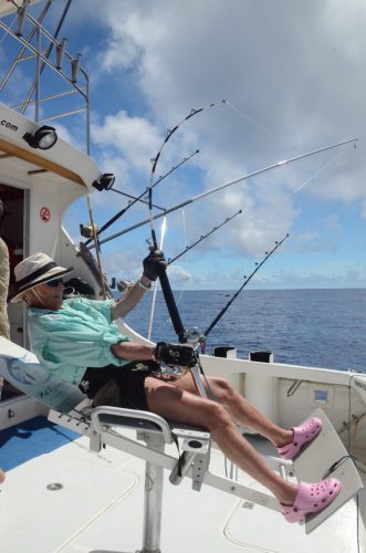 Barbara working a nice shark on 50lbs - Rod Fishing Club - Rodrigues Island - Mauritius - Indian Ocean