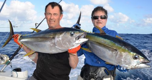 Double Yellowfin tunas on trolling - Rod Fishing Club - Rodrigues Island - Mauritius - Indian Ocean