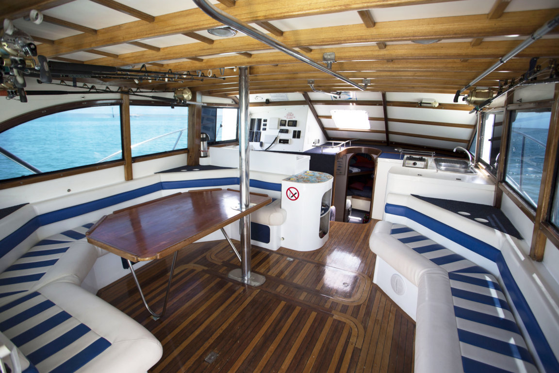 Saloon of Black Marlin boat- Rod Fishing Club - Rodrigues Island - Mauritius - Indian Ocean