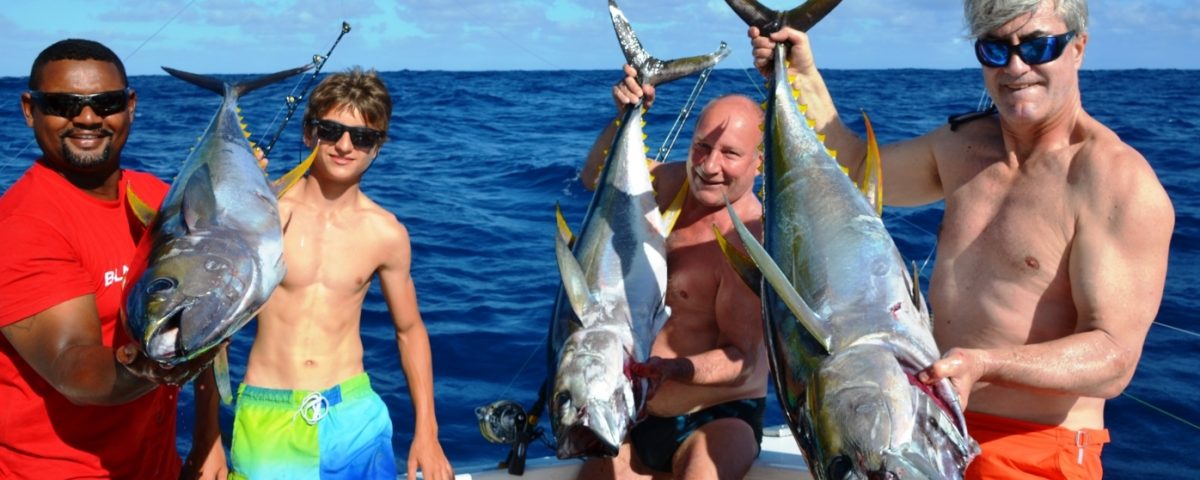 nice strike of yellowfin tunas - Rod Fishing Club - Rodrigues Island - Mauritius - Indian Ocean