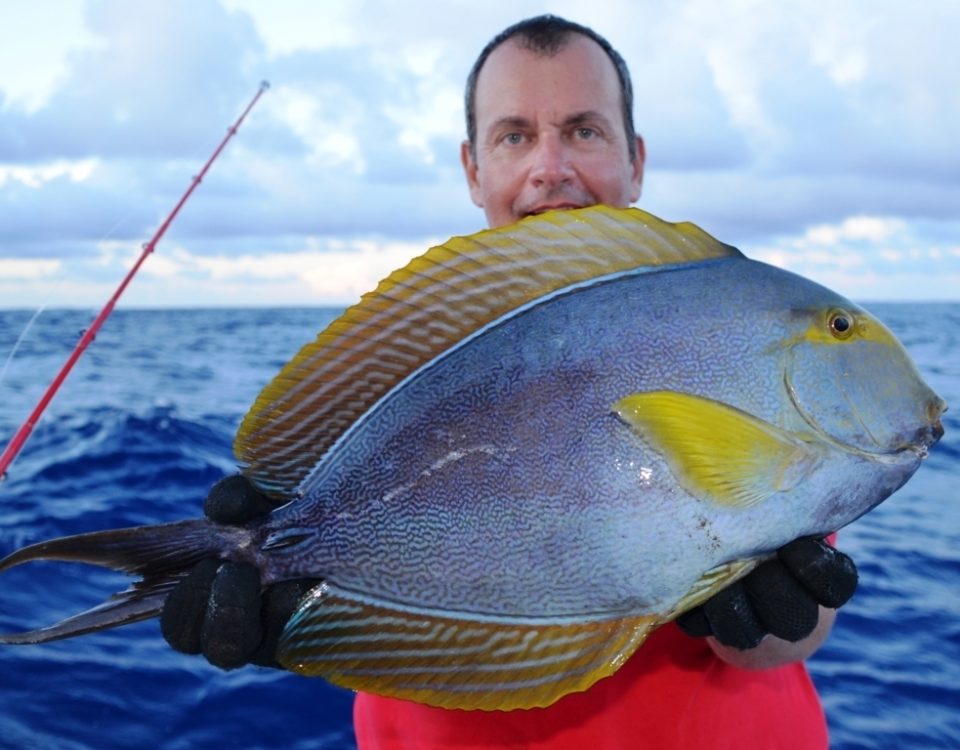 Bruno and his surgeon fish on bottom fishing - Rod Fishing Club - Rodrigues Island - Mauritius - Indian Ocean