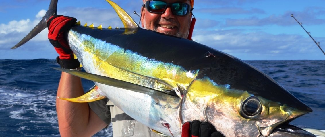 Nice colors of Yellowfin Tuna and Marc - Rod Fishing Club - Rodrigues Island - Mauritius - Indian Ocean