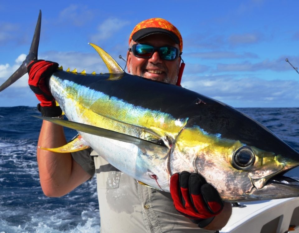 Nice colors of Yellowfin Tuna and Marc - Rod Fishing Club - Rodrigues Island - Mauritius - Indian Ocean