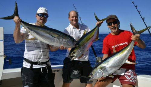 Triplé de thons jaunes en pêche a la traîne - www.rodfishingclub.com - Rodrigues - Maurice - Océan Indien