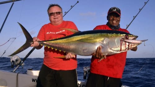Thon jaune 35kg en peche a la traine sur un rapala X Rap - www.rodfishingclub.com - Rodrigues - Maurice - Océan Indien